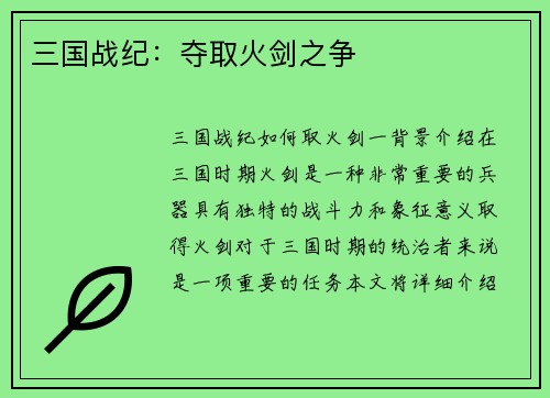 三国战纪：夺取火剑之争
