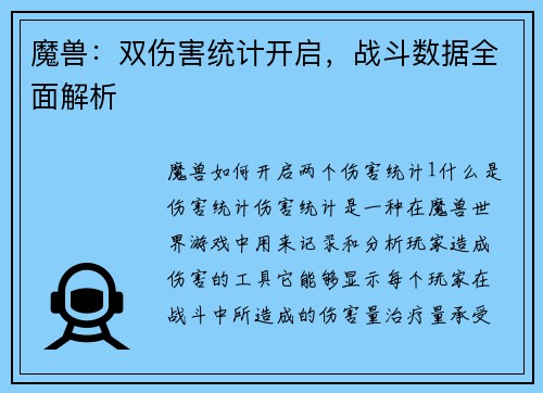 魔兽：双伤害统计开启，战斗数据全面解析